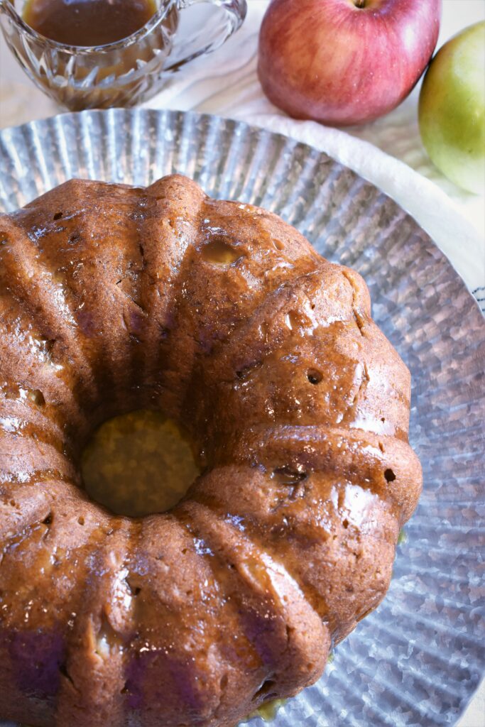 overhead shot of vegan apple Bundt cake with brown sugar glaze