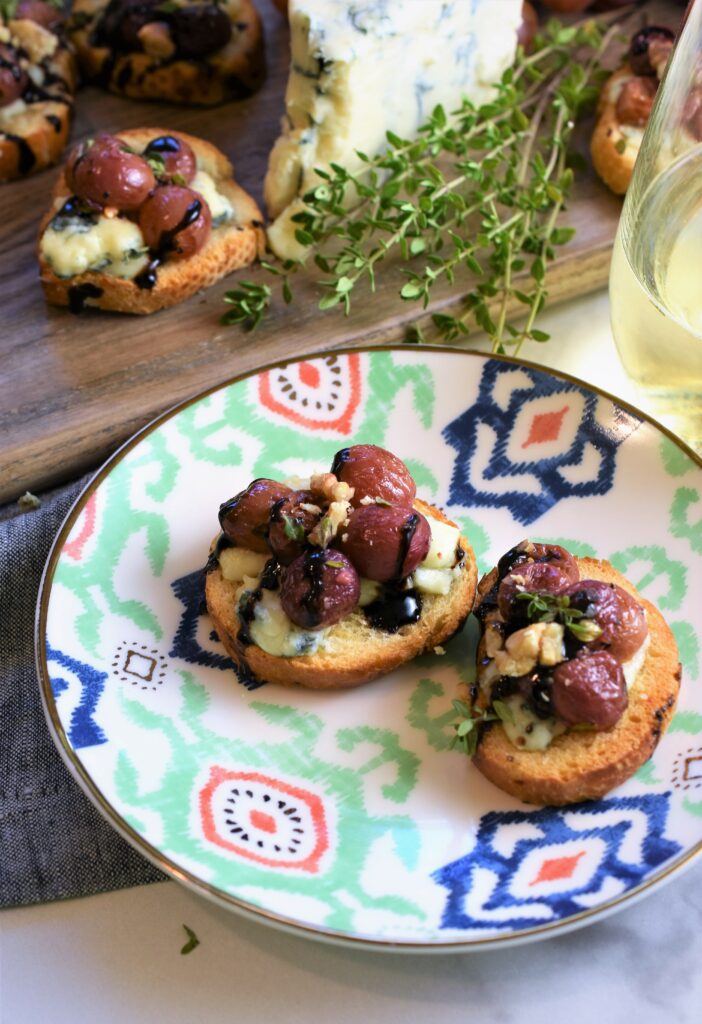 up close picture of appetizers on colorful patterned plate