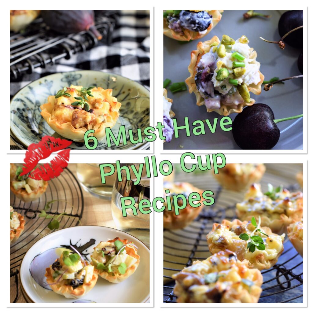a collage of four pictures of mini crunchy phyllo cup appetizers