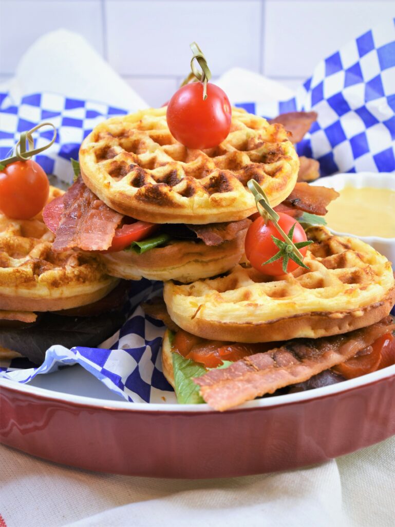 up close photo of Jalapeno Cheddar Cornbread BLT Waffles