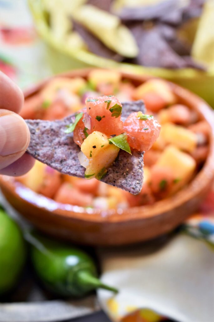 up close image of fingers holding a blue tortilla chip of watermelon and cantaloupe salsa