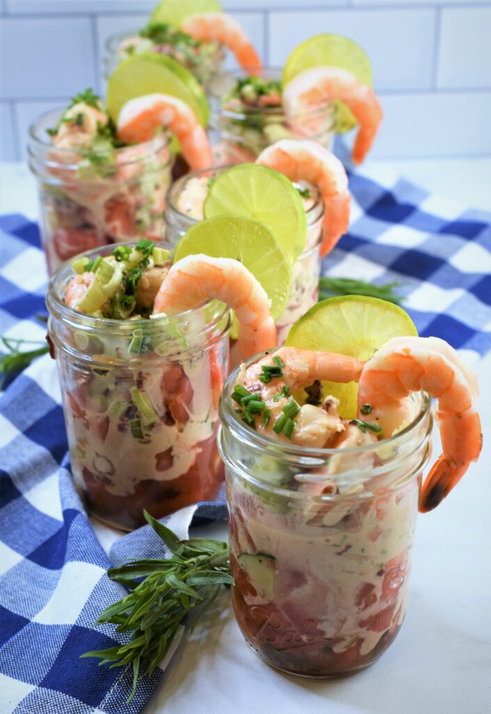 up close view of several appetizer sized shrimp jars