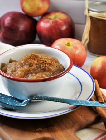 brown sugar spiced applesauce in white and red enameled bowl on blue and white sauce on wood cutting board with apples in the background