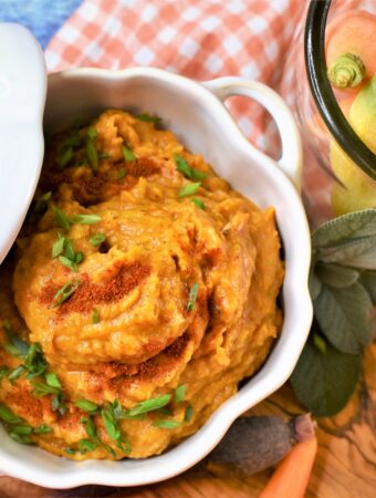 overhead close up view of pumpkin white bean dip on orange gingham napkin with fresh carrots