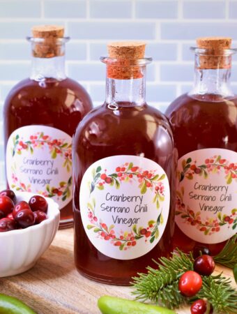 cranberry serrano chile with orange in several corked glass bottles on cutting board