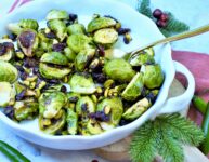 Roasted Brussels sprouts with cranberry serrano chili vinegar dried cranberries and pistachios