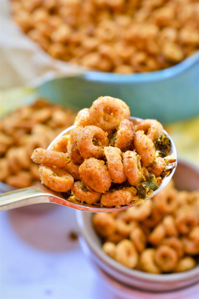 spoonful of vegan chili cheese snack mix